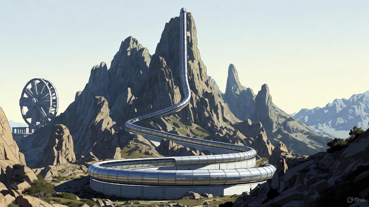 Concept de rampe maglev courbe sous vide adossée à une montagne pour le lancement de satellites, Europe